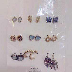 Mixed Metal Earrings, Studs/Hoops with Blue Stone, 9 Pairs